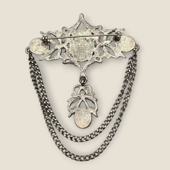 Victorian Revival Faux Pearl & Marcasite Double Chain Drape Vintage Brooch Pin - Picture 6 of 6